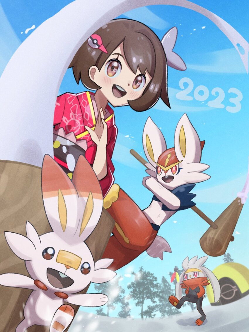 1girl 2023 alternate_costume animal_ears blue_sky blush brown_eyes brown_hair chinese_zodiac cinderace evolutionary_line gen_8_pokemon gloria_(pokemon) highres inana_umi japanese_clothes kimono looking_at_viewer mortar_(bowl) new_year nintendo open_mouth pokemon pokemon_(creature) pokemon_swsh rabbit_ears rabbit_tail raboot red_eyes scorbunny sky smile snow tail tent tree year_of_the_rabbit