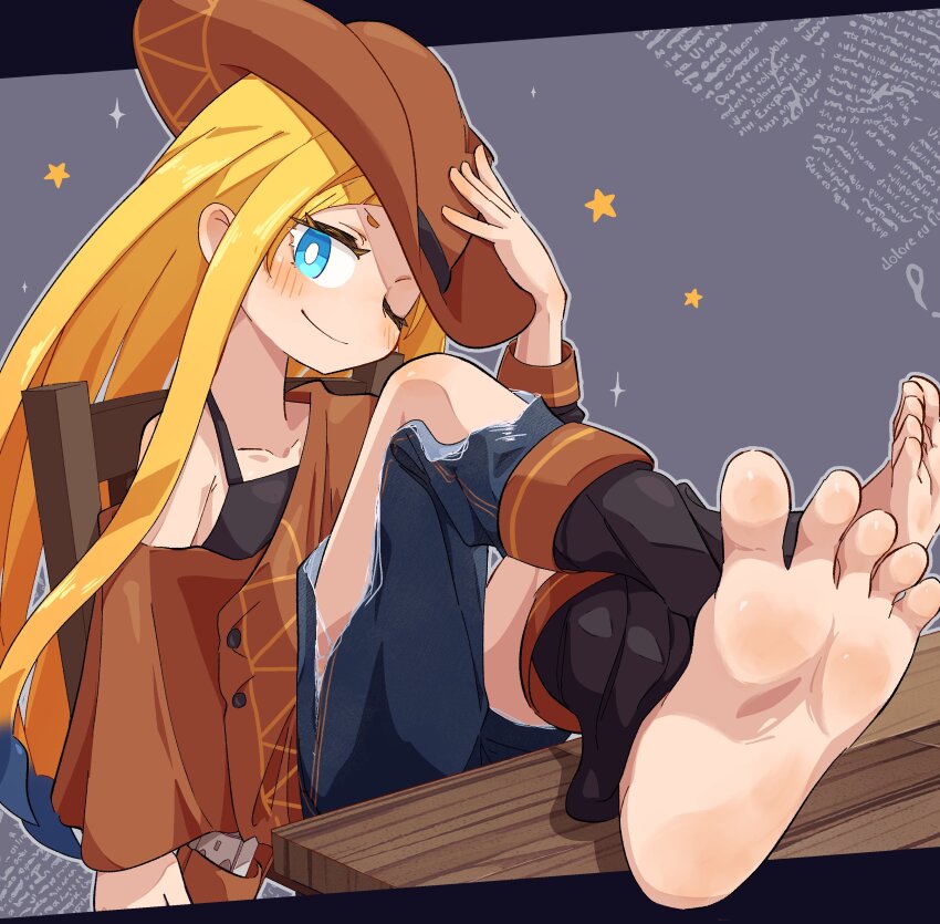 1girl absurdres barefoot blonde_hair blue_eyes blush cowboy_hat feet feet_on_table hat highres long_hair looking_at_viewer mok_orz one_eye_closed original smile soles toes