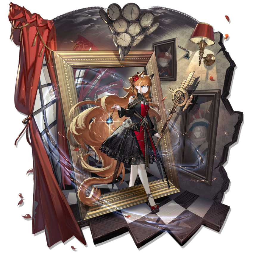 1girl absurdly_long_hair animal_ear_fluff animal_ears arknights bare_shoulders black_dress black_shoes blue_eyes cat_ears cat_tail checkered_floor clock curtains dress flower full_body hair_flower hair_ornament high_heels highres holding holding_staff indoors iris_(arknights) iris_(mirror_visitor)_(arknights) lamp lantern long_hair long_sleeves looking_at_viewer mirror official_alternate_costume official_art orange_hair painting_(object) pantyhose petals picture_frame pocket_watch red_dress red_flower red_rose rose shoes solo staff standing tail transparent_background very_long_hair watch xiayehongming
