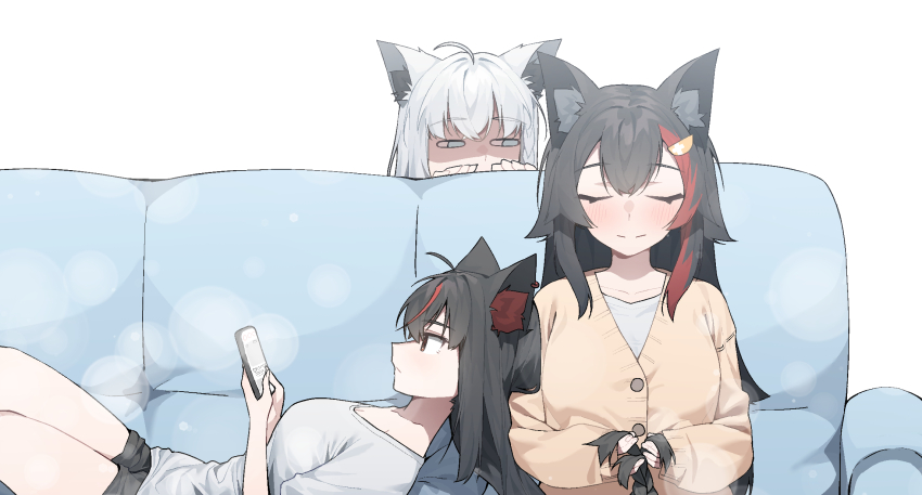 3girls ahoge animal_ear_fluff animal_ears aqua_eyes black_hair black_shorts braid breasts cellphone closed_eyes commentary fox_ears fox_girl fox_tail hair_between_eyes hair_ornament hand_on_another's_shoulder highres holding hololive korean_commentary kurokami_fubuki large_breasts light_blush light_smile long_hair long_sleeves mean_0603 multicolored_hair multiple_girls ookami_mio phone puffy_sleeves red_hair shaded_face shirakami_fubuki shorts simple_background sitting smartphone tail virtual_youtuber white_hair