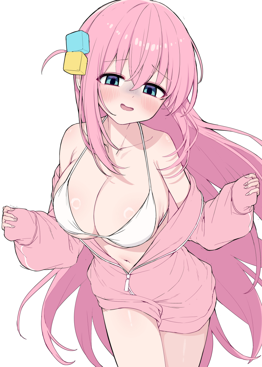 1girl absurdres bikini blue_eyes blush bocchi_the_rock! breasts collarbone commentary cube_hair_ornament gotoh_hitori hair_ornament highres jacket large_breasts long_hair looking_at_viewer metaljelly navel one_side_up open_mouth pink_hair pink_jacket revision ring_light_reflection simple_background solo swimsuit track_jacket very_long_hair white_background white_bikini