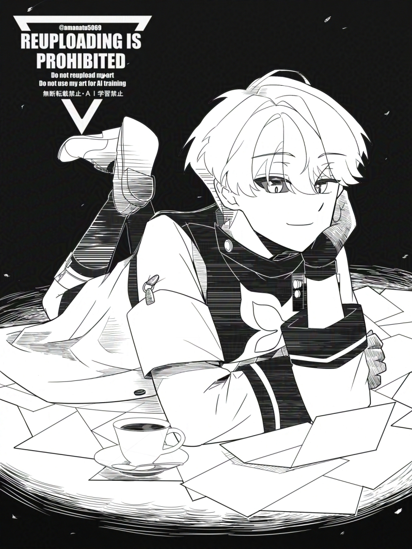 1boy adversarial_noise amanatsu_(amanatu5069) black_background coat commentary_request cup feet_up full_body gloves greyscale hand_on_own_cheek hand_on_own_face highres legwear_garter looking_down lying male_focus mismatched_sclera monochrome on_stomach oxfords paper reverse:1999 saucer short_hair smile socks solo teacup the_pose watermark x_(reverse:1999)