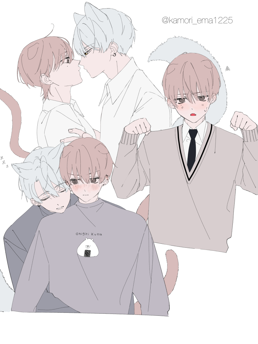 2boys absurdres adam's_apple ahoge animal_ears arms_around_waist artist_name black_necktie black_trim blush brown_hair brown_tail closed_eyes closed_mouth clothes_writing collared_shirt commentary_request couple cropped_torso curtained_hair dress_shirt ear_piercing earrings embarrassed eye_contact face-to-face fang flat_color floppy_ears food_print grey_shirt grey_sweater hair_between_eyes hands_up head_on_another's_shoulder highres hug hug_from_behind imminent_kiss jewelry kamori_ema long_sleeves looking_at_another looking_to_the_side loungewear male_focus mole mole_under_eye multiple_boys multiple_piercings multiple_views narrowed_eyes necktie nose_blush onigiri_print open_mouth original paw_pose piercing print_shirt profile school_uniform shirt short_hair simple_background skin_fang sweatdrop sweater tail_raised twitter_username u_u v-neck v-shaped_eyebrows very_short_hair white_background white_hair white_shirt white_tail wing_collar winter_uniform yaoi zzz