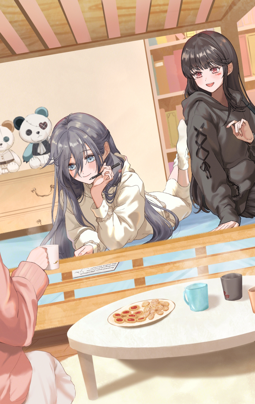 3girls absurdres ashley_(shining_nikki) between_fingers black_hair black_ribbon book bookshelf burn_scar cersei_(shining_nikki) closed_mouth commentary_request cookie cowboy_shot cross-laced_clothes cross-laced_sleeves cup dot_nose food full_body grey_hair grey_hoodie hair_between_eyes hand_on_own_cheek hand_on_own_face happy head_out_of_frame highres holding holding_pencil hood hood_down hoodie indoors kneeling kohanai_setsuna light_blush long_hair long_hair_between_eyes long_skirt lying marking_on_cheek mug multiple_girls nikki_(series) on_bed on_stomach open_mouth pencil pink_hair pink_hoodie plate ribbon rug scar scar_on_face shadow shining_nikki single_sidelock sitting skirt sleeve_ribbon smile socks steam studying stuffed_animal stuffed_toy table teddy_bear teeth upper_teeth_only very_long_hair white_hoodie white_skirt white_socks wooden_floor yuka_(shining_nikki)
