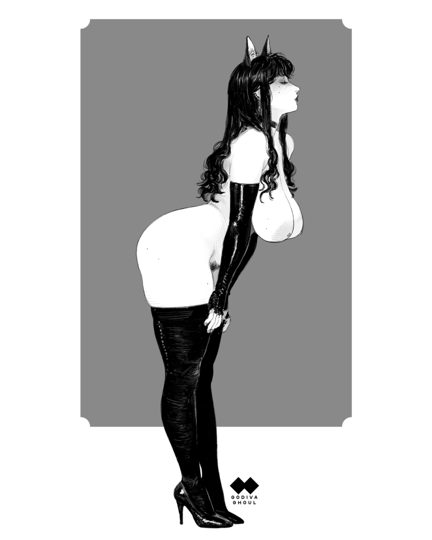 1girl animal_ears artist_logo artist_name ass blunt_bangs blush breasts cat_ears choker closed_eyes closed_mouth commentary ear_piercing elbow_gloves english_commentary eyelashes facing_ahead female_pubic_hair fingerless_gloves fingernails from_side full_body gloves godiva_ghoul grey_background greyscale hands_on_own_thighs hatching_(texture) high_heels highres large_areolae large_breasts leaning_forward lips lipstick logo long_hair long_sidelocks looking_at_viewer makeup mole mole_on_breast mole_on_thigh mole_under_eye monochrome multiple_moles nipples nose nude original piercing profile pubic_hair sagging_breasts sidelocks simple_background skindentation solo standing stiletto_heels thick_thighs thighhighs thighs two-tone_background wavy_ends white_background