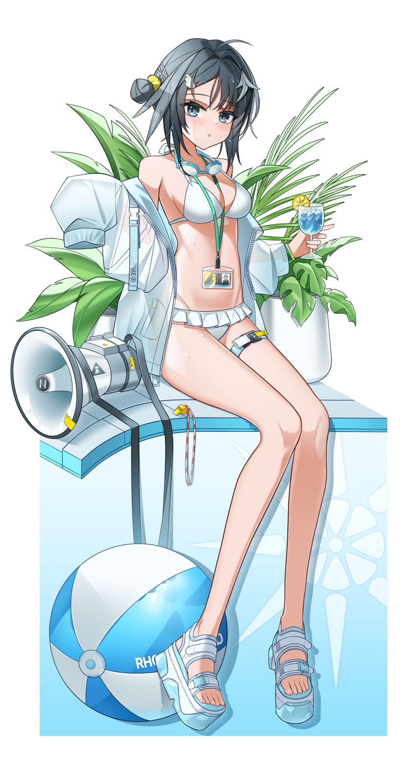 1girl absurdres arknights ball beachball between_breasts bikini bikini_under_clothes blue_background blue_eyes blush breasts cup drink drinking_glass frilled_bikini frills full_body gradient_background grey_hair grey_jacket hair_bun highres holding holding_cup jacket la_pluma_(arknights) la_pluma_(summer_flowers)_(arknights) lanyard long_sleeves looking_at_viewer medium_breasts megaphone off_shoulder open_clothes open_jacket parted_lips plant platform_sandals puffy_long_sleeves puffy_sleeves sandals single_side_bun sitting sleeves_past_fingers sleeves_past_wrists swimsuit white_background white_bikini white_sandals yeong_r6