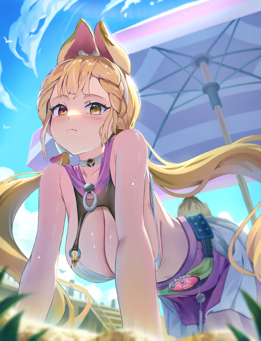 1girl absurdres alice_thymefield animal_ears beach_umbrella bikini blonde_hair blue_sky blush breasts cleavage closed_mouth cloud commentary_request from_below heterochromia highres large_breasts long_hair looking_at_viewer low_twintails monmo_mu outdoors rabbit_ears rabbit_girl rabbit_tail red_eyes revision sky solo swimsuit tail twintails umbrella very_long_hair white_bikini yellow_eyes zenless_zone_zero