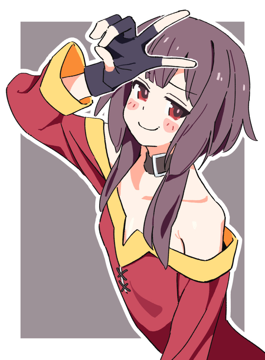 1girl bare_shoulders black_choker black_gloves blush blush_stickers border breasts bright_pupils brown_hair choker closed_mouth collarbone commentary_request dress fingerless_gloves gloves grey_background highres kono_subarashii_sekai_ni_shukufuku_wo! long_sleeves looking_at_viewer megumin noyama_takenoko off_shoulder outline outside_border red_dress red_eyes short_hair short_hair_with_long_locks sidelocks simple_background small_breasts smile solo two-tone_background upper_body v white_border white_outline