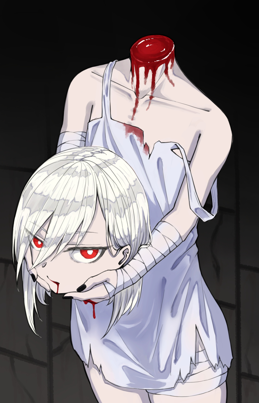 1girl absurdres bandages blood blood_from_mouth bright_pupils commentary disembodied_head dress dullahan flat_chest highres holding holding_detached_head looking_at_viewer nail_polish original pale_skin red_eyes solo tsurime white_dress white_hair white_pupils yuritopia