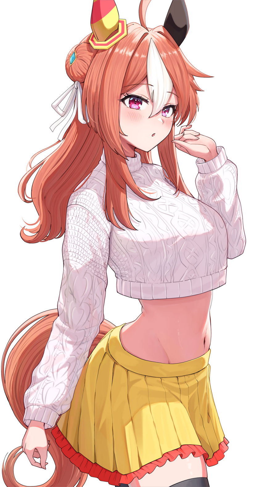 1girl alternate_costume animal_ears blush breasts brown_hair cable_knit commentary_request copano_rickey_(umamusume) crop_top crop_top_overhang double_bun hair_bun hair_ornament highres horse_ears horse_girl horse_tail long_hair looking_at_viewer midriff miniskirt navel purple_eyes revision simple_background skirt solo sweater tail take978733141 thighhighs umamusume white_background white_sweater yellow_skirt zettai_ryouiki