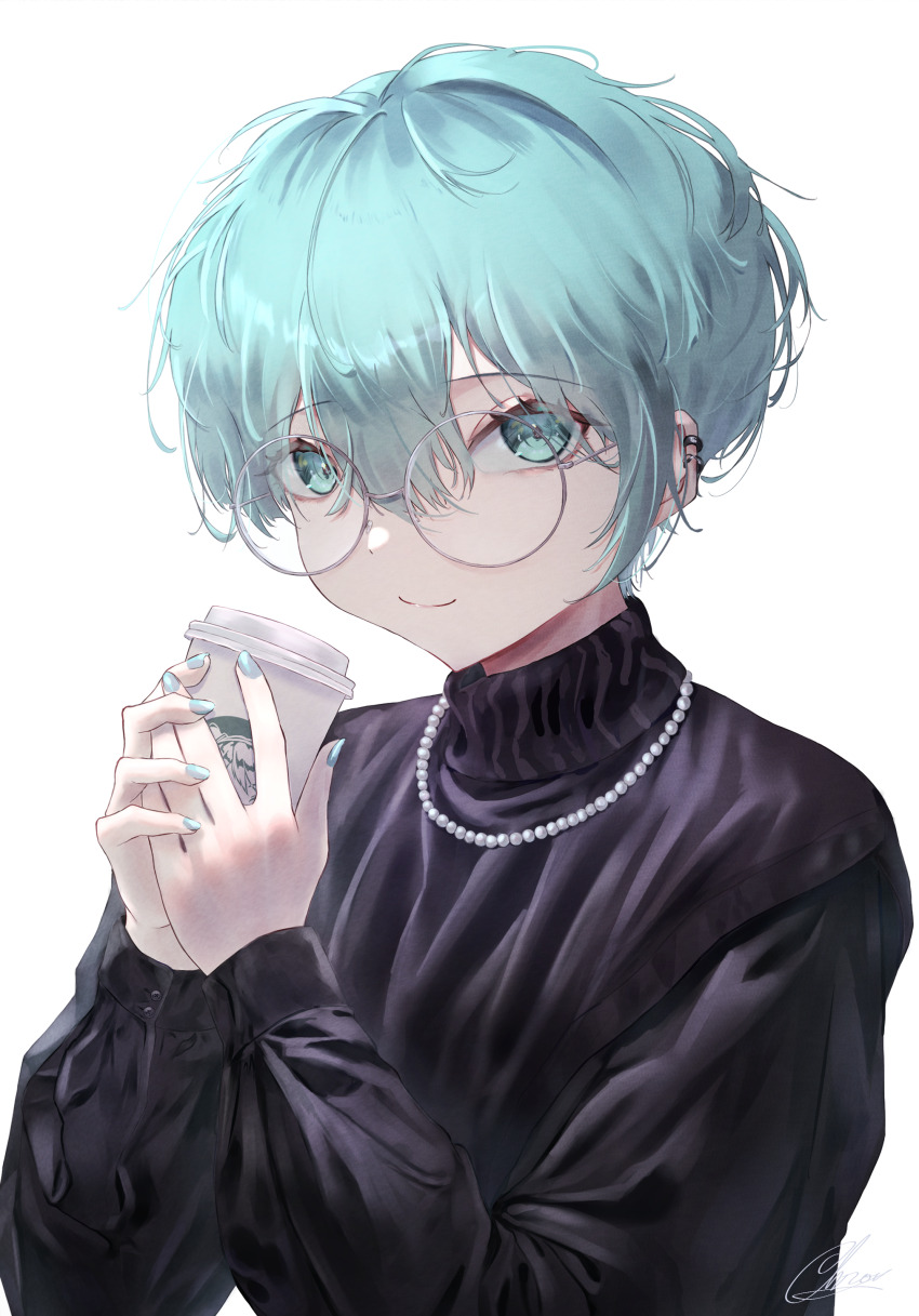 1girl absurdres alternate_hair_length alternate_hairstyle aqua_eyes aqua_hair aqua_nails black_shirt chroufreestyle014 closed_mouth coffee commentary_request cup disposable_coffee_cup disposable_cup ear_piercing fingernails glass glasses grey-framed_eyewear hair_between_eyes hatsune_miku highres holding holding_cup jewelry nail_polish necklace pearl_necklace piercing round_eyewear shirt short_hair signature simple_background smile solo upper_body very_short_hair vocaloid white_background