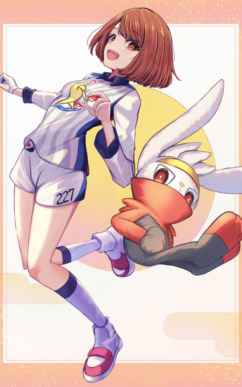 1girl :d brown_eyes brown_hair collared_shirt commentary_request gen_8_pokemon gloria_(pokemon) gloves gym_challenge_uniform highres holding holding_poke_ball nintendo open_mouth partially_fingerless_gloves poke_ball poke_ball_(basic) pokemon pokemon_(creature) pokemon_swsh raboot roka_(o-yasumi) shirt shoes short_hair shorts single_glove smile socks white_footwear white_shirt white_shorts white_socks