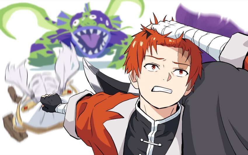 1boy 2girls axe battle_axe black_gloves black_robe cape carrying_over_shoulder clenched_teeth commentary english_commentary fern_(sousou_no_frieren) fingerless_gloves forehead frieren frown gloves grey_hair highres long_hair meme monster multiple_girls naoya_hitting_choso_without_looking_(meme) purple_hair red_eyes red_hair red_shirt robe scar scar_on_face scar_on_forehead serialboel shirt short_hair sousou_no_frieren stark_(sousou_no_frieren) suitcase teeth twintails weapon white_background white_cape white_robe