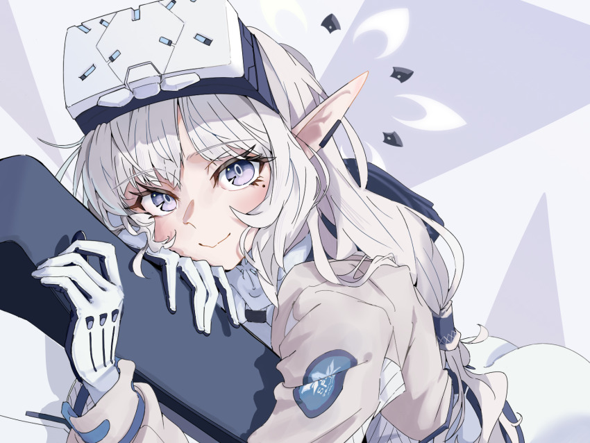 1girl :> ass black_gloves black_hood blue_archive blush bodysuit brown_jacket closed_mouth commentary cowboy_shot cropped_jacket earclip gloves grey_background hair_tubes halo head-mounted_display highres himari_(armed)_(blue_archive) himari_(blue_archive) hood hood_down hooded_jacket jacket long_hair long_sidelocks long_sleeves looking_at_viewer low_twintails lying minami_linli mole mole_under_eye multicolored_eyes multicolored_gloves multicolored_halo multicolored_jacket official_alternate_costume on_stomach parted_bangs patterned_clothing pointy_ears purple_eyes sidelocks simple_background smile solo twintails two-tone_background two-tone_halo white_background white_bodysuit white_gloves white_hair white_halo