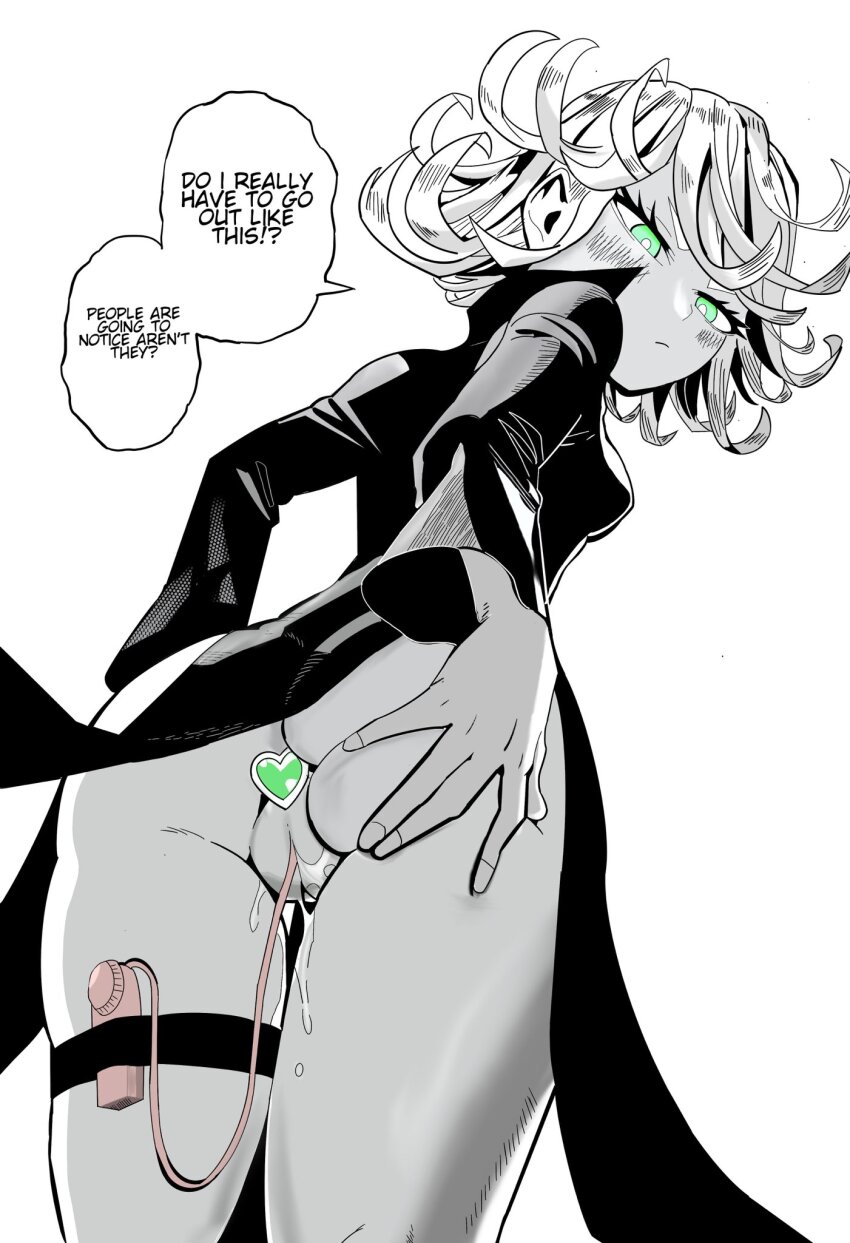1girl anal anal_object_insertion ass black_dress blush breasts butt_plug censored closed_mouth curly_hair dress english_text from_behind from_below grabbing_own_ass green_eyes greyscale hand_on_own_ass heart heart_censor korean_text kunitoro_(artist) loli long_sleeves looking_at_viewer looking_back monochrome no_panties object_insertion one-punch_man pussy pussy_juice sex_toy short_hair simple_background small_breasts solo speech_bubble spot_color tatsumaki thigh_strap thighs uncensored vibrator vibrator_cord white_background