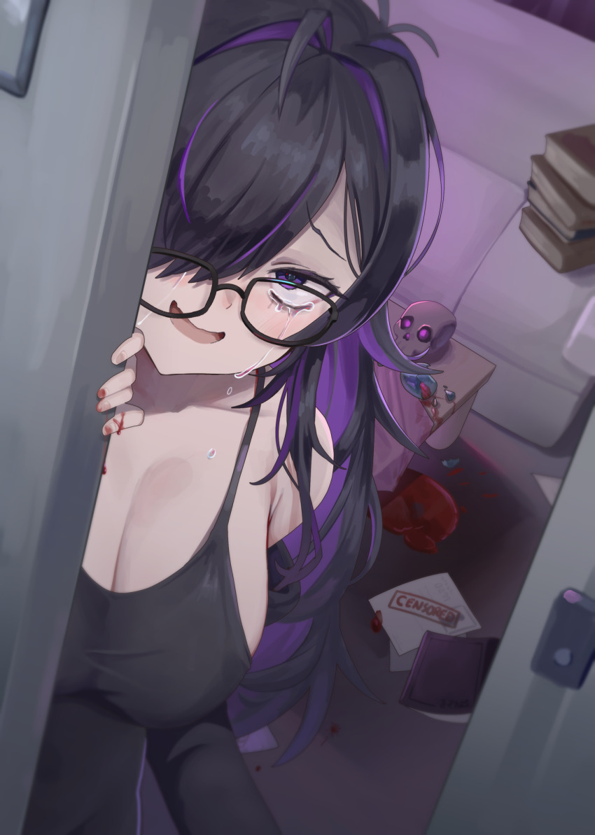 1girl ajidot alcohol bags_under_eyes black-framed_eyewear black_cardigan black_dress black_hair blush book book_stack breasts broken_glass cardigan cardigan_partially_removed censored cleavage collarbone colored_inner_hair commentary couch crying doorway dress glass glasses goddess_of_victory:_nikke hair_over_one_eye highres label_(nikke) large_breasts long_hair looking_at_viewer multicolored_hair open_mouth paper pov_doorway purple_hair purple_streaks skull solo table tears very_long_hair wine