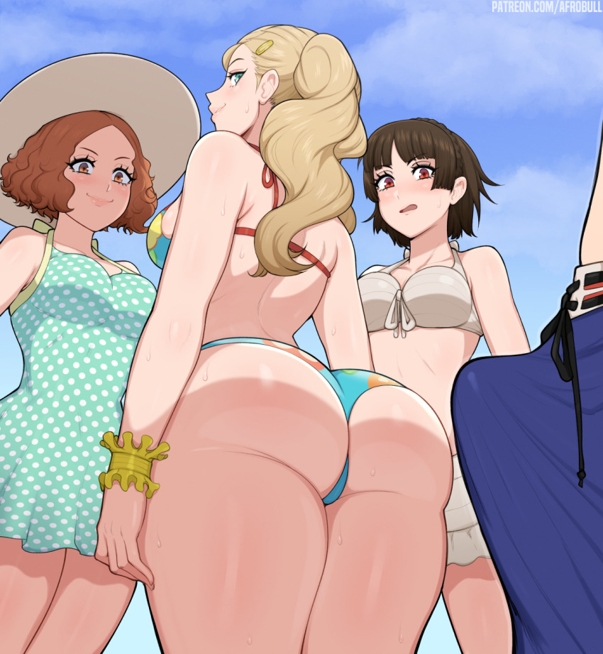 1boy 3girls afrobull amamiya_ren ass bikini blonde_hair blue_bikini blue_dress blue_eyes blue_sky blush braid breasts brown_eyes brown_hair bulge closed_mouth commentary crown_braid day dress english_commentary erection erection_under_clothes floral_print floral_print_bikini from_below front-tie_bikini_top front-tie_top hair_ornament hairclip hat highres looking_at_penis looking_down medium_breasts medium_hair multiple_girls niijima_makoto okumura_haru open_mouth outdoors patreon_username persona persona_5 polka_dot polka_dot_dress print_bikini red_eyes short_dress sky smile standing sun_hat sweat swimsuit takamaki_anne twintails white_bikini wide-eyed wristband