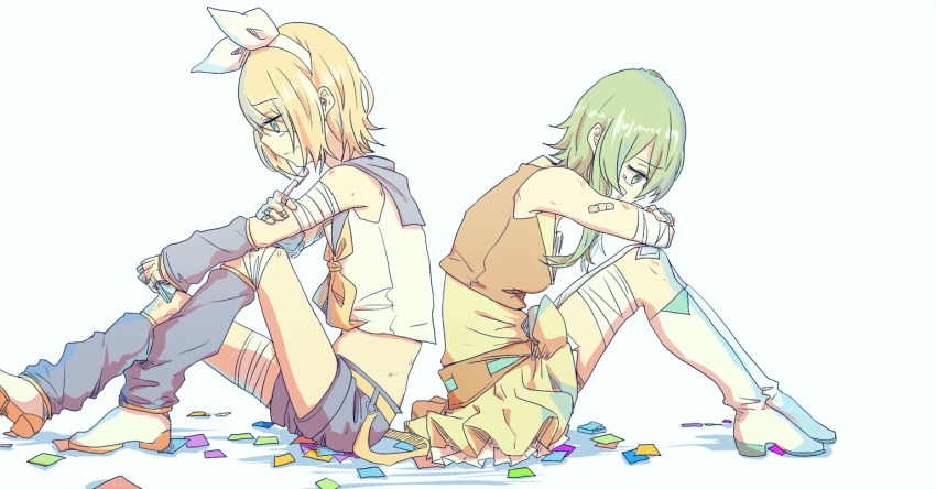 2girls arm_warmers bandaged_arm bandaged_leg bandages bandaid bandaid_on_arm blonde_hair blue_eyes boots bow commentary_request confetti detached_sleeves frown green_arm_warmers green_leg_warmers green_sailor_collar green_shorts green_vest grey_arm_warmers gumi hair_bow hairband kagamine_rin knees_up leg_warmers multiple_girls neckerchief on_ground sailor_collar shirt short_hair shorts simple_background sitting skirt sleeveless sleeveless_shirt vest vocaloid white_background white_boots white_bow white_hairband white_shirt wounds404 yellow_neckerchief yellow_shirt yellow_skirt