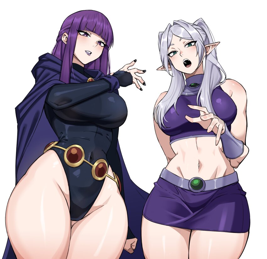 absurdres alternate_costume black_leotard breasts cape commentary cosplay crop_top dc_comics dress elf english_commentary fern_(sousou_no_frieren) frieren green_eyes highres large_breasts leotard long_hair looking_at_viewer mg991998 midriff open_mouth pointy_ears purple_cape purple_hair purple_shirt purple_skirt raven_(dc) raven_(dc)_(cosplay) shirt simple_background skirt sleeveless sleeveless_dress sousou_no_frieren starfire starfire_(cosplay) teen_titans twintails white_background white_hair