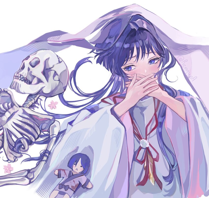 1boy alternate_hair_length alternate_hairstyle blunt_ends blush character_doll covering_own_mouth doll eyelashes feathers fingernails genshin_impact hashtag-only_commentary highres japanese_clothes kariginu kimono layered_sleeves long_hair looking_to_the_side male_focus pom_pom_(clothes) purple_eyes purple_hair purple_kimono purple_sleeves purple_veil renyupa scaramouche_(genshin_impact) scaramouche_(kabukimono)_(genshin_impact) sideways_glance skeleton solo string tasuki tsurime twitter_username veil wide_sleeves wispy_bangs yellow_feathers