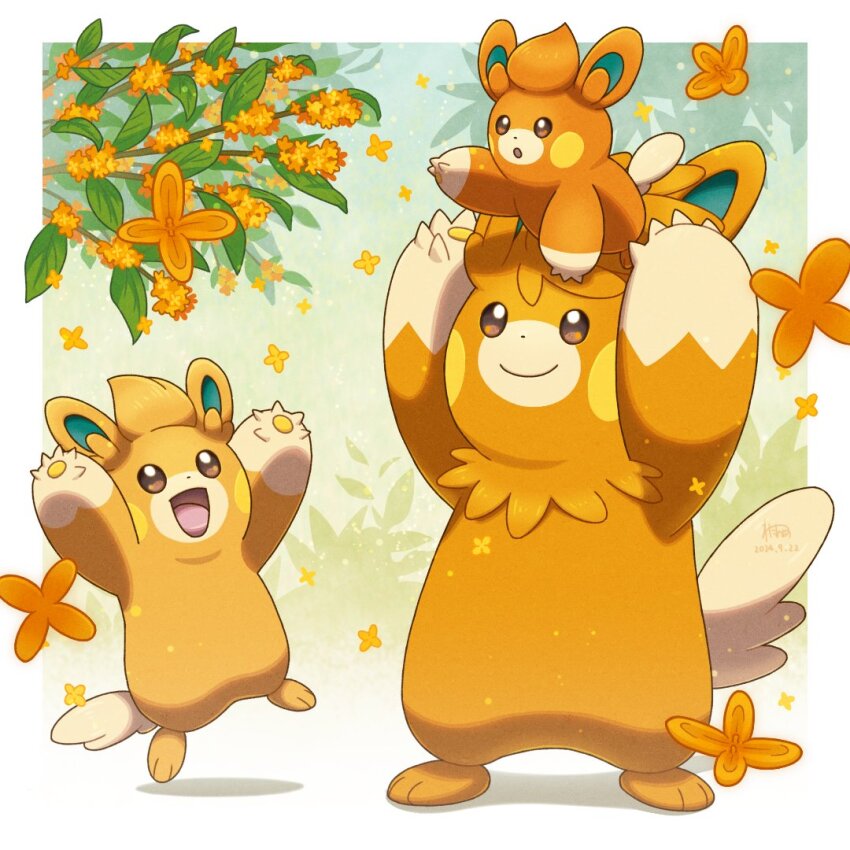 border closed_mouth flower nintendo no_humans open_mouth orange_flower orange_fur pawmi pawmo pawmot plant pokemon pokemon_(creature) sitting_on_pokemon standing wataame4907 white_border