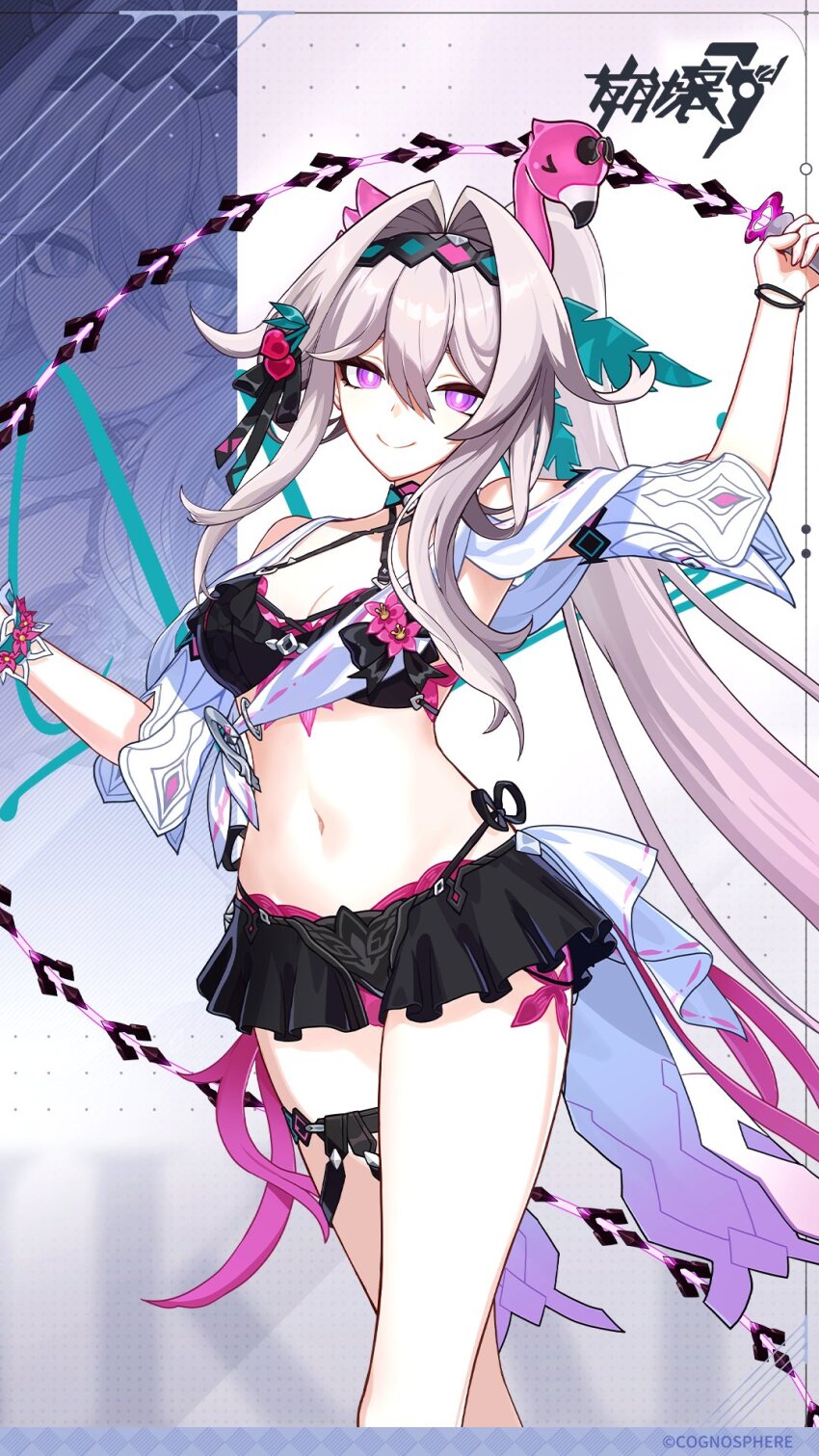 1girl arm_up bare_shoulders bikini bikini_skirt black_bikini black_hairband black_ribbon black_skirt bracelet breasts commentary_request copyright_name copyright_notice criss-cross_halter flower grey_hair hair_between_eyes hair_flower hair_intakes hair_ornament hair_ribbon hairband halterneck highres honkai_(series) honkai_impact_3rd jewelry long_hair looking_at_viewer medium_breasts navel official_art ponytail promotional_art purple_eyes red_flower ribbon side-tie_bikini_bottom skirt smile solo swimsuit thelema_nutriscu thelema_nutriscu_(roseate_summer) thigh_strap zoom_layer
