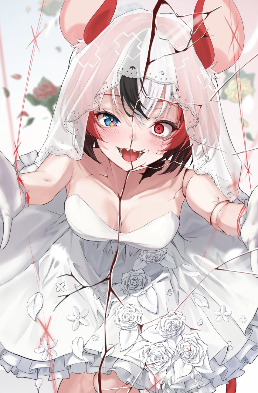 1girl animal_ears black_hair black_streaks blue_eyes breasts bridal_veil cleavage commentary_request doll doll_joints dress flower_dress frilled_dress frills hakos_baelz highres hololive hololive_english ilie_ilie joints medium_breasts mouse_ears mouse_girl open_mouth puppet puppet_strings reaching reaching_towards_viewer red_eyes red_hair sharp_teeth sleeveless sleeveless_dress solo split_screen strapless strapless_dress tearing_up teeth veil virtual_youtuber wedding_dress white_dress white_streaks