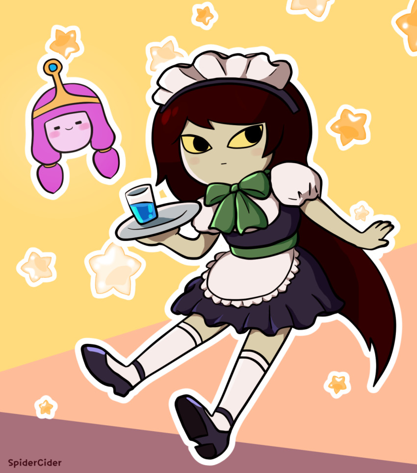 2girls adventure_time alternate_costume black_hair blush_stickers circlet colored_sclera colored_skin cup drinking_glass enmaided full_body green_neckwear highres long_hair looking_at_viewer maid maid_headdress multiple_girls outline pink_hair pink_skin princess_bonnibel_bubblegum puffy_short_sleeves puffy_sleeves shoes shoko_(adventure_time) short_sleeves simple_background socks spiderciderko star_(symbol) tagme tray very_long_hair water white_legwear white_outline yellow_background yellow_sclera