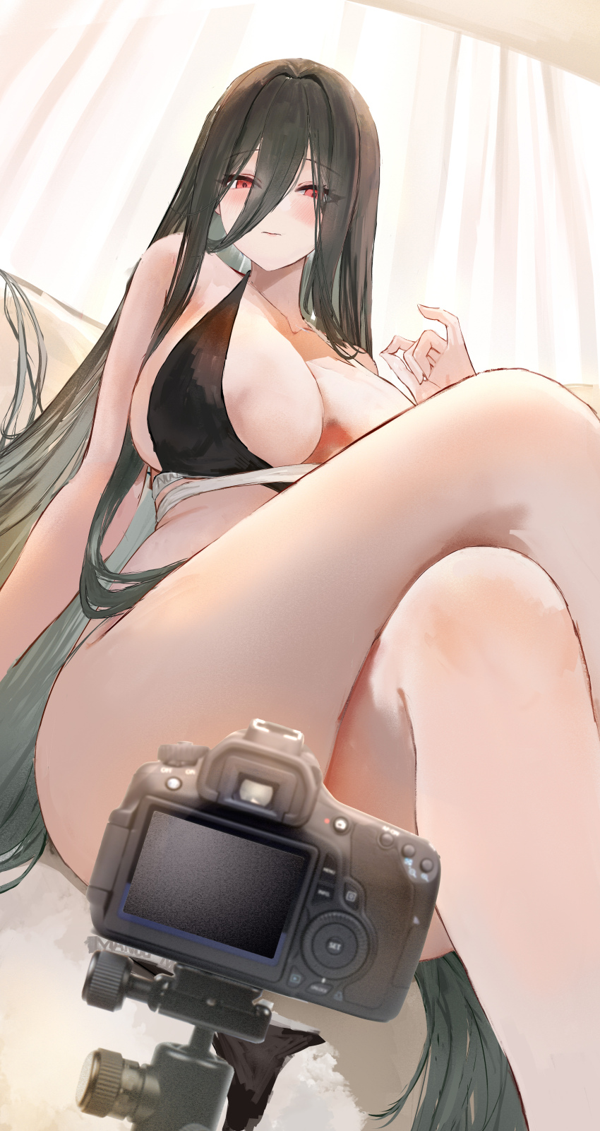 1girl absurdres azur_lane bare_arms bare_shoulders black_bra black_hair black_panties blush bra breasts camera closed_mouth collarbone commentary_request convenient_censoring crossed_legs eyes_visible_through_hair feet_out_of_frame francesco_caracciolo_(azur_lane) francesco_caracciolo_(confession_under_the_spotlight)_(azur_lane) from_below hair_between_eyes hand_up highres huge_breasts legs long_hair long_hair_between_eyes long_sleeves looking_at_viewer official_alternate_costume panties red_eyes sitting sleeveless solo suo_bu_ye_feng thighs underwear unworn_panties very_long_hair