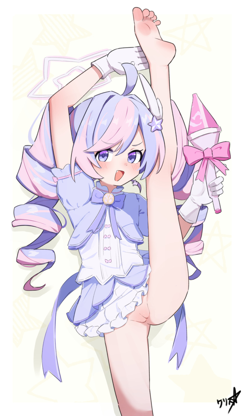 1girl absurdres ahoge barefoot blue_archive boppin cleft_of_venus commission drill_hair feet gloves hair_ornament halo highres holding loli looking_at_viewer multicolored_hair official_alternate_costume open_mouth pink_hair puffy_sleeves purple_eyes purple_hair pussy reisa_(blue_archive) reisa_(magical)_(blue_archive) short_sleeves soles solo standing standing_on_one_leg star_(symbol) star_hair_ornament toes twintails variant_set white_gloves