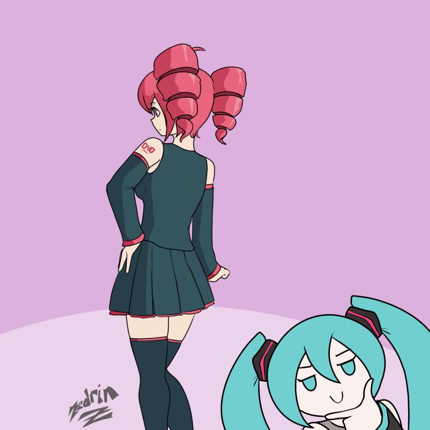 2girls animated animated_gif aqua_eyes aqua_hair arm_tattoo artist_name ass ass_expansion black_shirt black_thighhighs butt_crack cowboy_shot detached_sleeves drill_hair embarrassed from_behind hatsune_miku huge_ass kasane_teto looking_at_viewer looking_back matching_hair/eyes miniskirt multiple_girls open_mouth pink_background pink_eyes pink_hair pleated_skirt shirt skindentation skirt slap_mark smug spanked spanking standing tattoo thighhighs twin_drills twintails two-tone_background vocaloid zedrin