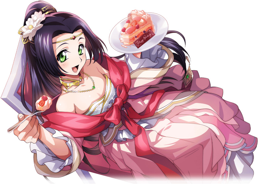 1girl birthday_cake black_hair blush breasts cake cake_slice code_geass code_geass:_lost_stories cup f4samurai food game_cg green_eyes happy long_hair looking_at_viewer official_art open_mouth smile solo sumeragi_kaguya tagme teacup