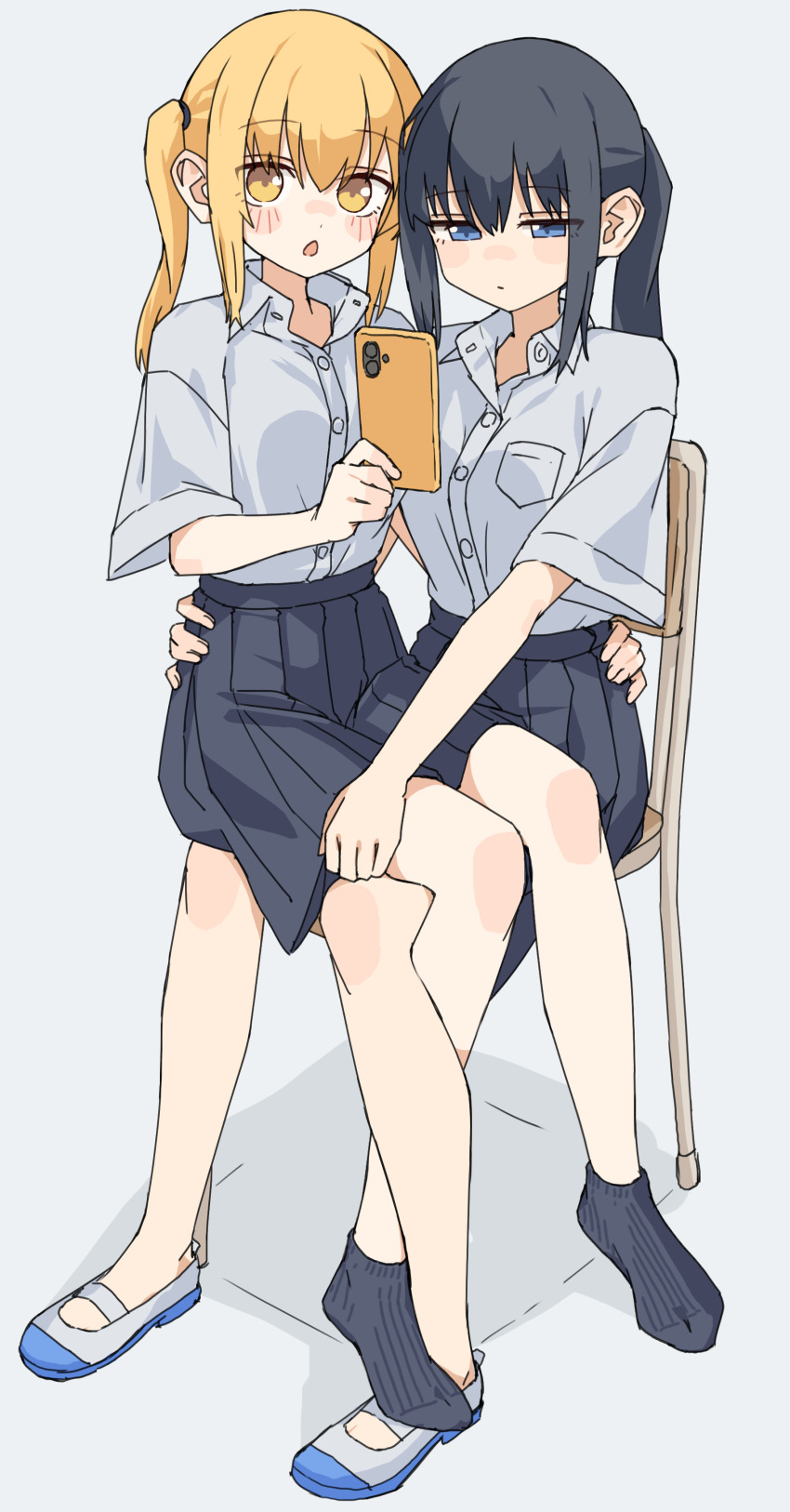 2girls absurdres black_hair black_skirt black_socks blonde_hair blush cellphone collared_shirt commentary_request grey_background hand_on_another's_leg hand_on_another's_waist highres holding holding_phone kopaka_(karda_nui) long_hair mary_janes multiple_girls original phone pleated_skirt ponytail school_uniform shirt shoes simple_background sitting sitting_on_lap sitting_on_person skirt smartphone socks twintails white_shirt white_shoes yuri