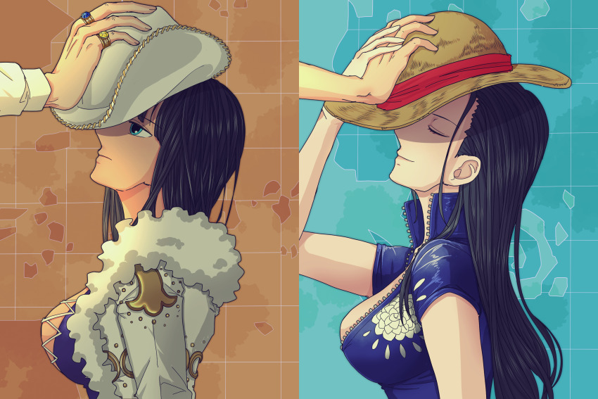 1girl 2023 2boys absurdres before_and_after black_hair blue_eyes blue_jacket breasts closed_eyes closed_mouth commentary cowboy_hat crocodile_(one_piece) cropped_jacket cross-laced_clothes cross-laced_top expressionless floral_print_jacket fur-trimmed_jacket fur_trim hair_slicked_back hat highres jacket jewelry large_breasts long_hair map medium_hair monkey_d._luffy multiple_boys multiple_views nico_robin nico_robin_(alabasta) nico_robin_(return_to_sabaody) official_alternate_costume one_piece ring shiruko_(mikan4649) short-sleeved_jacket short_sleeves smile straw_hat white_hat white_jacket zipper