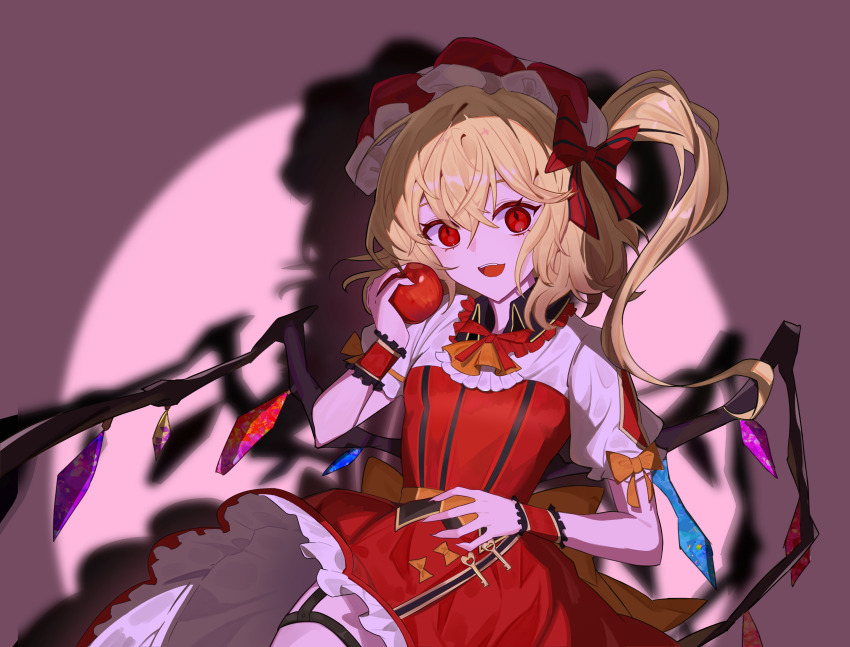 1girl absurdres alternate_costume apple blonde_hair commentary_request dress flandre_scarlet food fruit hand_up highres holding holding_food holding_fruit long_hair one_side_up open_mouth ramrachu red_dress red_eyes short_sleeves smile solo spotlight thigh_strap touhou upper_body wings wrist_cuffs