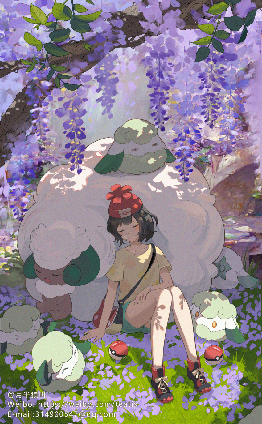 1girl absurdres bare_legs beanie black_hair bracelet closed_eyes closed_mouth collarbone commentary_request cottonee day floral_print gen_5_pokemon green_shorts hat highres jewelry nintendo outdoors poke_ball poke_ball_(basic) pokemon pokemon_(creature) pokemon_sm red_headwear selene_(pokemon) shirt short_hair short_shorts short_sleeves shorts sitting sleeping t-shirt teatix watermark web_address whimsicott