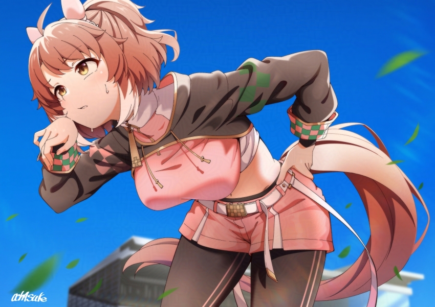 1girl animal_ears belt belt_buckle black_pantyhose blue_sky breasts brown_hair brown_tail buckle commentary_request crop_top dantsu_flame_(center_spotlight)_(umamusume) dantsu_flame_(umamusume) day ear_covers falling_leaves hand_on_own_hip highres horse_ears horse_girl horse_tail large_breasts leaf leaning_forward long_sleeves looking_ahead medium_hair midriff motsutoko multicolored_hair navel pantyhose pink_shirt pink_shorts ponytail shirt shorts sky solo streaked_hair sweat tail umamusume white_belt white_hair wiping_face wiping_sweat