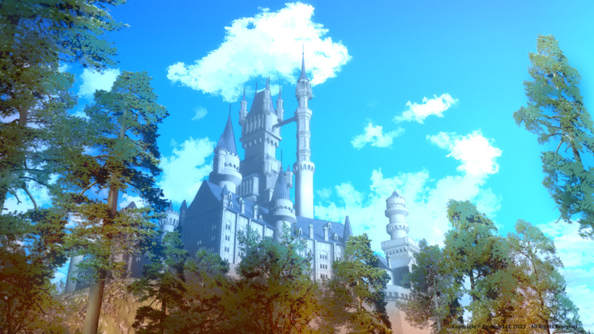 3d blue_sky building carcdrcons castle cloud commentary_request copyright_notice day no_humans original outdoors pine_tree scenery sky spire tower tree