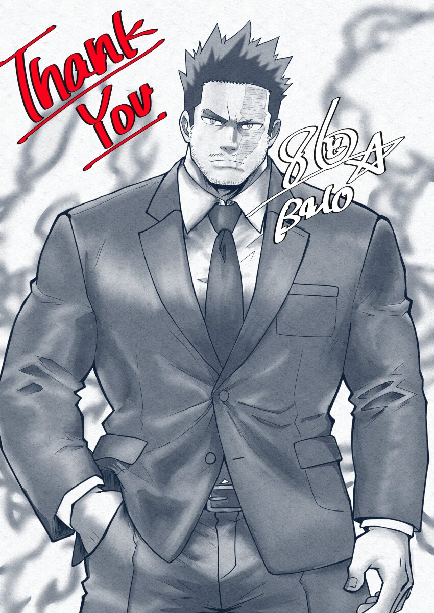 1boy absurdres balo_dqx_ff14 bara boku_no_hero_academia closed_mouth commentary endeavor_(boku_no_hero_academia) english_commentary english_text formal_clothes hand_in_pocket highres looking_at_viewer male_focus muscular muscular_male necktie partially_colored scar scar_across_eye scar_on_face signature spiked_hair suit