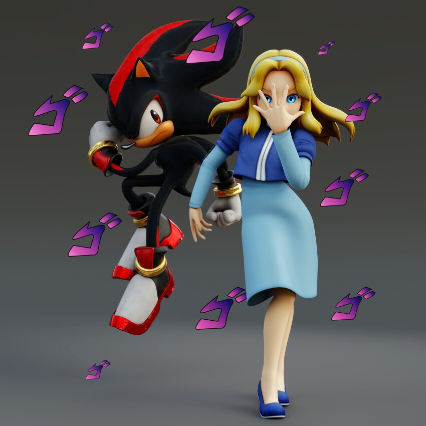 3d absurdres black_fur black_hair blonde_hair blouse blue_eyes blue_hairband blue_shirt blue_shoes clenched_hands dress floating gloves grey_background hairband highres hunicrio jojo_no_kimyou_na_bouken jojo_pose long_dress long_hair long_sleeves looking_at_viewer maria_robotnik menacing_(jojo) no puffy_sleeves red_eyes red_fur shadow_the_hedgehog shirt shoes short_sleeves sidelocks simple_background sneakers sonic_(series) stand_(jojo) two-tone_fur white_gloves white_shoes