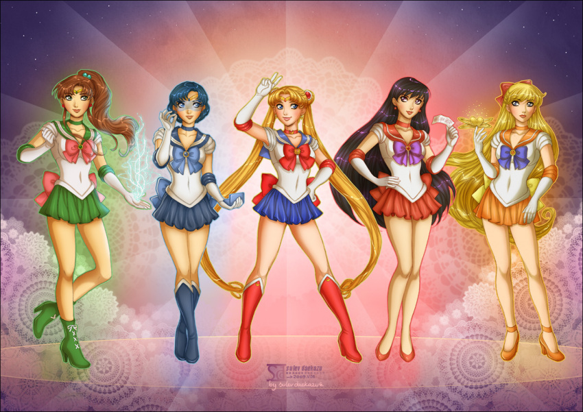5girls aino_minako arm_up asymmetrical_bangs back_bow bare_legs bishoujo_senshi_sailor_moon black_hair blonde_hair blue_choker blue_eyes blue_hair blue_sailor_collar blue_skirt boots bow brown_hair brown_lips choker clenched_hand closed_mouth collarbone covered_navel daekazu double_bun earrings elbow_gloves full_body gloves green_choker green_eyes green_sailor_collar green_skirt hair_between_eyes hair_bow hair_bun hair_ornament hand_up high_ponytail hino_rei holding holding_ofuda jewelry kino_makoto lineup lips lipstick long_hair looking_at_viewer magical_girl makeup miniskirt mizuno_ami multiple_girls naughty_face neck necklace non-web_source ofuda orange_choker orange_sailor_collar orange_skirt parted_bangs pink_lips pleated_skirt ponytail purple_eyes red_boots red_bow red_choker red_lips red_sailor_collar red_skirt sailor_collar sailor_jupiter sailor_mars sailor_mercury sailor_moon sailor_senshi_uniform sailor_venus short_hair skirt smile standing straight_hair tiara tsukino_usagi twintails v very_long_hair white_gloves