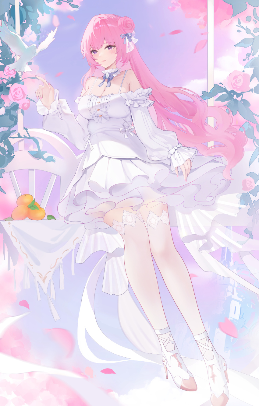 1girl absurdres baige_chen bare_shoulders bird blue_sky breasts chinese_commentary cleavage closed_mouth cloud cloudy_sky commentary_request dove dress flower food frilled_dress frills fruit full_body goddess_of_victory:_nikke hair_bun hair_flower hair_ornament high_heels highres long_hair long_sleeves looking_at_viewer petals pink_eyes pink_flower pink_hair pink_rose rose single_side_bun sky smile solo thighhighs velvet_(nikke) white_dress white_thighhighs