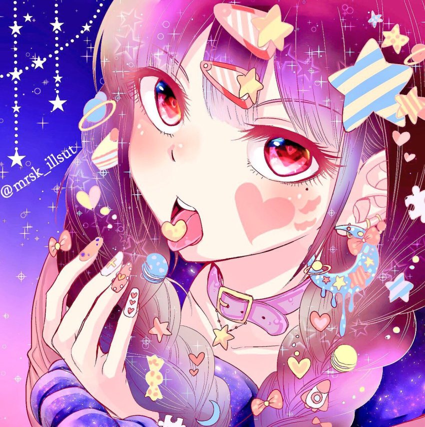 1girl alternate_hairstyle blunt_bangs braid brown_hair buckle clenched_hand collar collarbone crescent crescent_earrings danganronpa_(series) danganronpa_v3:_killing_harmony earrings eyelashes facepaint facial_mark female_focus fingernails food food-themed_hair_ornament gradient_background hair_ornament hairclip harukawa_maki highres holding holding_own_hair jewelry long_fingernails long_hair looking_at_viewer macaron mole mole_under_eye multicolored_hair multicolored_nails murasaki_(deceive138) nail_polish open_mouth pink_hair portrait purple_background purple_hair red_eyes rocket round_teeth solo sparkle star_(symbol) star_hair_ornament teeth tongue tongue_out twin_braids twitter_username upper_body