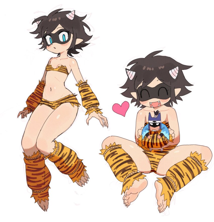 1girl ^_^ animal_print barefoot batman batrobin_k bikini black_hair blue_eyes blush breasts closed_eyes commentary dc_comics domino_mask eye_mask fangs feet full_body heart highres horns leg_warmers looking_at_viewer mask multiple_views navel open_mouth original pointy_ears robin_(batrobin_k) short_hair simple_background sitting small_breasts smile strapless swimsuit symbol-only_commentary tiger_print toes white_background