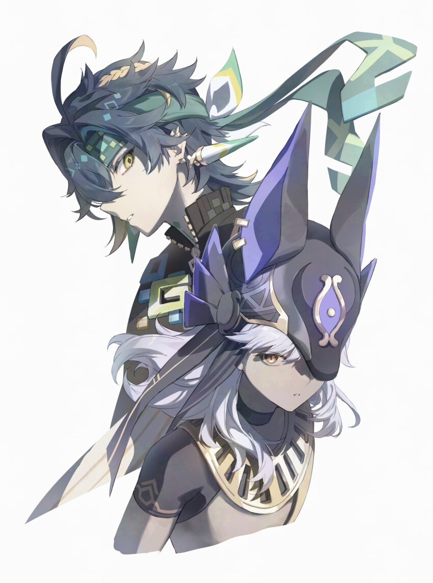 2boys animal_ear_helmet animal_ears animal_helmet black_choker black_hair black_shirt blonde_hair braid choker commentary_request cropped_torso cyno_(genshin_impact) earrings genshin_impact green_eyes green_hair green_headband hair_between_eyes haru_same322 headband highres jackal_ears jewelry kinich_(genshin_impact) long_hair looking_at_viewer male_focus multicolored_hair multiple_boys parted_lips red_eyes shirt short_hair sideways_glance simple_background spiked_ear_piercing streaked_hair usekh_collar white_background white_hair zipper