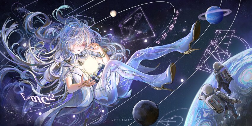 1girl 2others artist_name astronaut bad_id bad_twitter_id commentary e=mc2_(equation) english_commentary full_body grey_hair high_heels highres izzycrownart jacket long_hair mornye_(wuthering_waves) multiple_others orb parted_lips planet red_eyes see-through_body solo space white_jacket wuthering_waves