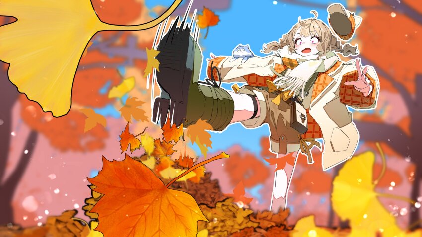 1girl absurdres ahoge amopui animal autumn_leaves blue_sky blurry blurry_background blush boots braid brown_hair cat coat falling hat highres komori_met leaf open_mouth pink_eyes scarf scenery shorts sky soles tripping virtual_youtuber vspo! winter_clothes