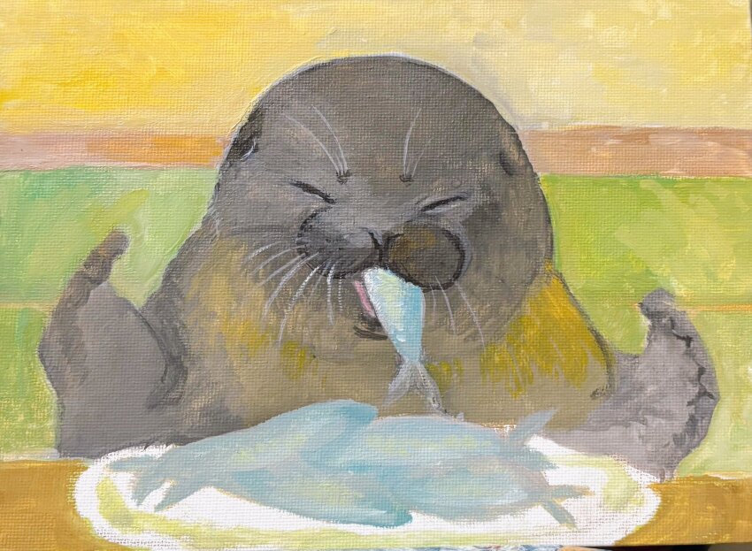 animal animal_focus closed_eyes commentary_request eating fish hana_usagi_(pm_nw5) highres holding no_humans original plate seal_(animal) table traditional_media