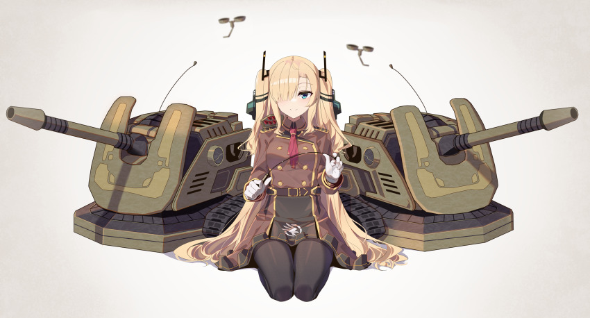 1girl aqua_eyes ascot black_pantyhose blonde_hair breasts brown_dress cannon caterpillar_tracks command_&amp;_conquer command_&amp;_conquer:_tiberium_wars ddt_(darktrident) dress drone global_defense_initiative gloves hair_over_one_eye highres long_hair long_sleeves looking_at_viewer mecha_musume pantyhose personification red_ascot seiza sitting small_breasts smile solo turret two_side_up very_long_hair white_gloves
