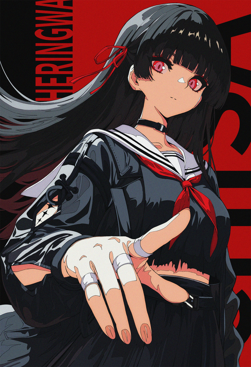 1girl arm_cutout black_choker black_hair black_jacket black_shirt black_skirt chisa_(wuthering_waves) choker closed_mouth clothing_cutout commentary cowboy_shot crop_top fingernails hair_ribbon highres jacket long_hair long_sleeves looking_at_viewer neckerchief red_eyes red_neckerchief red_ribbon ribbon sailor_collar shirt skirt solo tacet_mark_(wuthering_waves) wanlai_bu_shiman white_sailor_collar wuthering_waves
